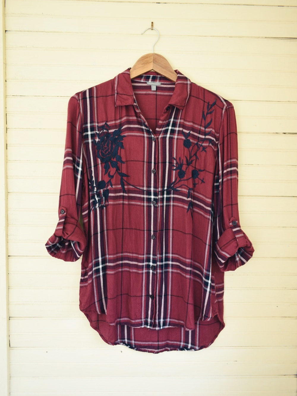 Charlotte Russe Burgundy & Navy Embroidered Plaid Button-Down Shirt